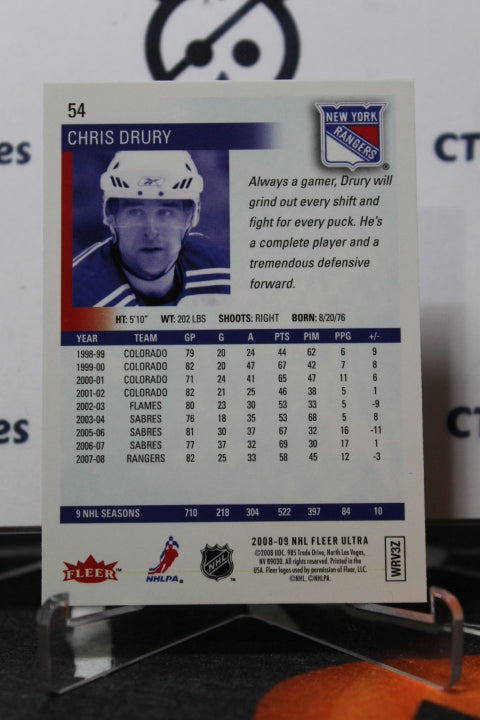 2008-09 FLEER ULTRA CHRIS DRURY # 54 NEW YORK RANGERS NHL HOCKEY TRADING CARD