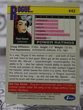 ROGUE # 42 X-MEN MARVEL NM SUPER HEROES NON-SPORT TRADING CARD IMPEL 1991