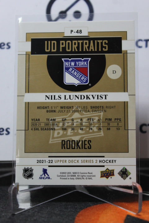 2021-22 UPPER DECK NILS LUNDKVIST # P-48 UD PORTRAITS ROOKIE NEW YORK RANGERS NHL HOCKEY CARD