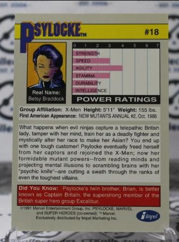 PSYLOCKE # 18 X-MEN MARVEL NM SUPER HEROES NON-SPORT TRADING CARD IMPEL 1991