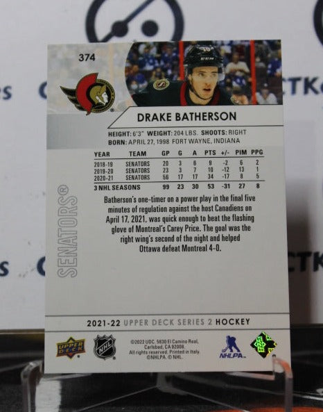 2021-22 UPPER DECK DRAKE BATHERSON # 374 OTTAWA SENATORS HOCKEY CARD