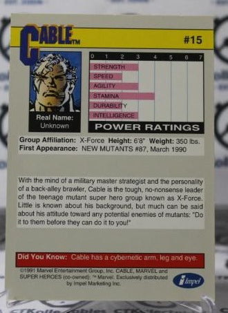 CABLE # 15 X-MEN MARVEL NM SUPER HEROES NON-SPORT TRADING CARD IMPEL 1991
