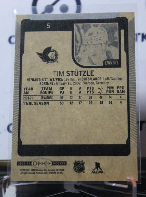 2021-22 O-PEE-CHEE TIM STUTZLE # 5 ROOKIE OTTAWA SENATORS NHL HOCKEY CARD