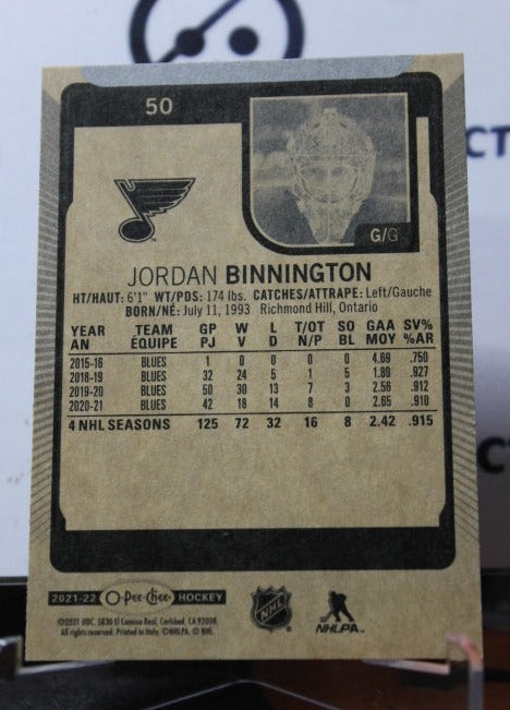 2021-22 O-PEE CHEE JORDAN BINNINGTON # 50 ST. LOUIS BLUES NHL HOCKEY CARD