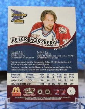 PETER FORSBERG # 8 McDONALD'S PACIFIC 2000-01 COLORADO AVALANCHE NHL HOCKEY TRADING CARD