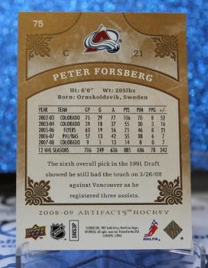 PETER FORSBERG # 75 ARTIFACTS UPPER DECK 2008-09 COLORADO AVALANCHE NHL HOCKEY TRADING CARD