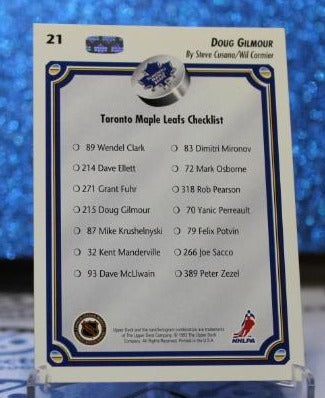 DOUG GILMOUR # 21 UPPER DECK 1992-93 TORONTO MAPLE LEAFS NHL HOCKEY TRADING CARD