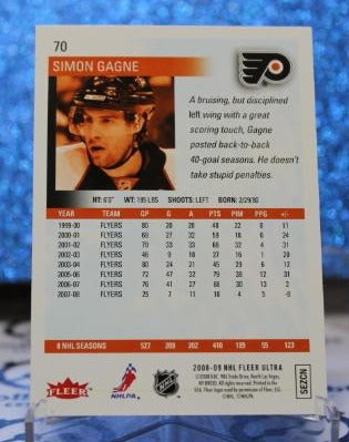 SIMON GAGNE # 70 FLEER ULTRA 2008-09 PHILADELPHIA FLYERS NHL HOCKEY TRADING CARD