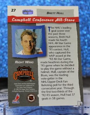 BRETT HULL # 27 CAMPBELL CONFERENCE UPPER DECK 1992-93 ST. LOUIS BLUES NHL HOCKEY TRADING CARD