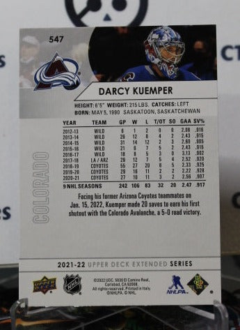 2021-22 UPPER DECK DARCY KUEMPER # 547 HOCKEY GOALTENDER COLORADO AVALANCHE CARD