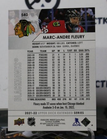 2021-22 UPPER DECK MARC-ANDRE FLEURY # 540 CHICAGO BLACKHAWKS NHL HOCKEY CARD