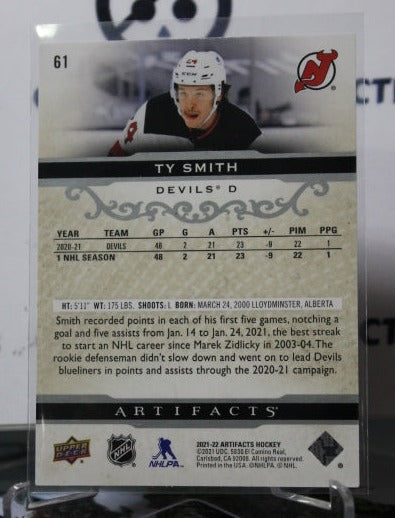 2021-22 UPPER DECK ARTIFACTS TY SMITH # 61 ROOKIE SILVER NEW JERSEY DEVILS NHL HOCKEY TRADING CARD