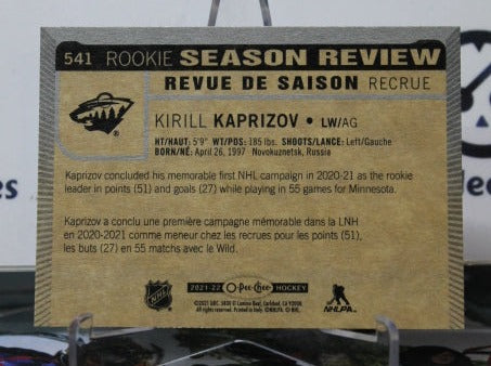 2021-22 O-PEE-CHEE KIRILL KAPRIZOV # 541 ROOKIE SEASON REVIEW MINNESOTA WILD NHL HOCKEY CARD