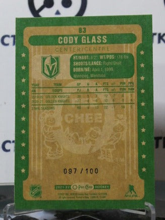 2021-22 O-PEE-CHEE CODY GLASS # 83 BLACK RETRO 097/100 NHL GOLDEN KNIGHTS HOCKEY CARD