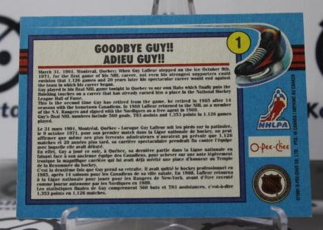 GUY LAFLEUR # 1 O-PEE CHEE 1991-92 MONTREAL CANADIANS NHL HOCKEY TRADING CARD
