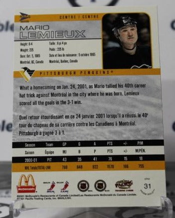 MARIO LEMIEUX # 31 PACIFIC McDONALD'S 2001-02 PITTSBURGH PENGUINS NHL HOCKEY TRADING CARD