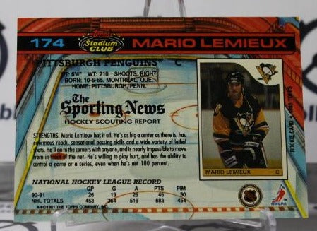 MARIO LEMIEUX # 174 TOPPS STADIUM CLUB 1991-92 PITTSBURGH PENGUINS NHL HOCKEY TRADING CARD