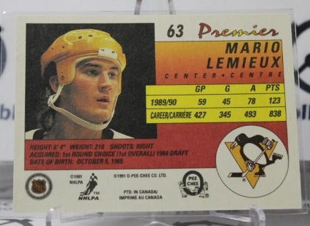 MARIO LEMIEUX #63 O-PEE CHEE PREMIER 1990-91 PITTSBURGH PENGUINS NHL HOCKEY TRADING CARD