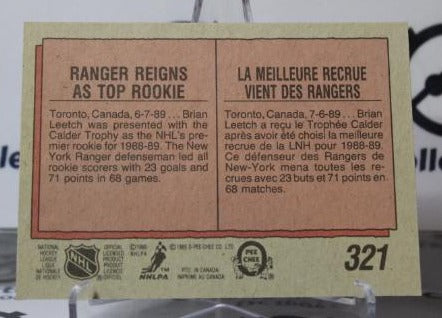 BRIAN LEETCH # 321 O-PEE CHEE ROOKIE 1989-90 NEW YORK RANGERS NHL HOCKEY TRADING CARD