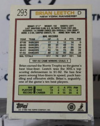 BRIAN LEETCH # 293 TOPPS 1992-93 NEW YORK RANGERS NHL HOCKEY TRADING CARD