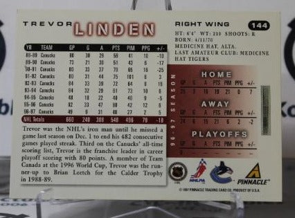 TREVOR LINDEN # 144 SCORE 1997-98 VANCOUVER CANUCKS NHL HOCKEY TRADING CARD