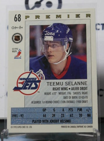 1992-93 O-PEE-CHEE PREMIER TEEMU SELANNE # 68 WINNIPEG JETS HOCKEY CARD