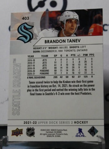 2021-22 UPPER DECK BRANDON TANEV # 403 NHL SEATTLE KRAKEN HOCKEY CARD