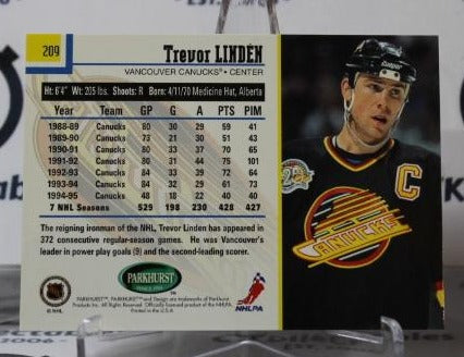 TREVOR LINDEN # 209 PARKHURST 1995-96 VANCOUVER CANUCKS NHL HOCKEY TRADING CARD