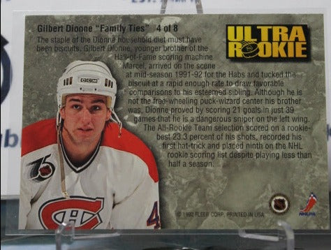 1992-93 FLEER ULTRA GILBERT DIONNE # 4 OF 8 ULTRA ROOKIE MONTREAL CANADIENS NHL HOCKEY GOALTENDER CARD