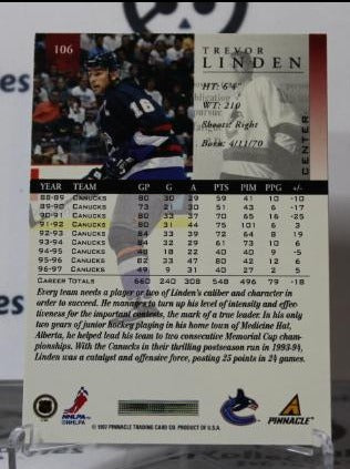 TREVOR LINDEN # 106 PINNACLE 1997-98 VANCOUVER CANUCKS NHL HOCKEY TRADING CARD