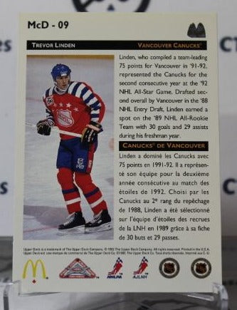 TREVOR LINDEN # McD-09 UPPER DECK McDONALDS 1992-93 VANCOUVER CANUCKS NHL HOCKEY TRADING CARD