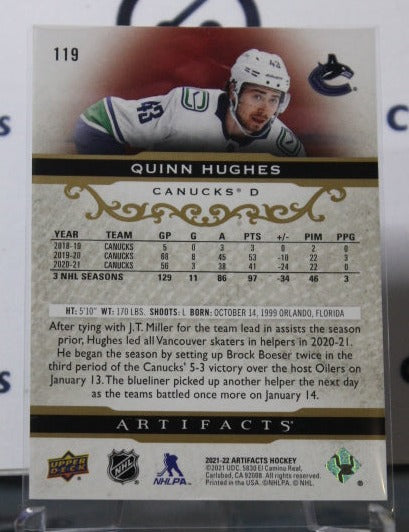 2021-22 UPPER DECK ARTIFACTS QUINN HUGHES # 119 ROSE GOLD VANCOUVER CANUCKS NHL HOCKEY TRADING CARD