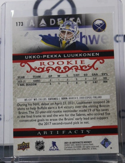 2021-22 UPPER DECK ARTIFACTS UKKO-PEKKA LUUKKONEN # 173 RUBY ROOKIE 323/499 BUFFALO SABRES NHL HOCKEY TRADING CARD