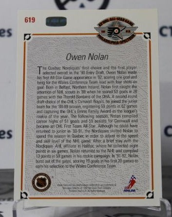 OWEN NOLAN # 619 UPPER DECK 1991-92 QUEBEC NORDIQUES NHL HOCKEY TRADING CARD