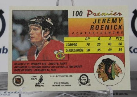 JEREMY ROENICK # 100 ROOKIEO-PEE CHEE PREMIER 1990-91 CHICAGO BLACKHAWKS NHL HOCKEY TRADING CARD
