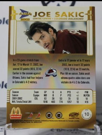 JOE SAKIC # 10 PACIFIC McDONALD'S 2002-03 COLORADO AVALANCHE NHL HOCKEY TRADING CARD