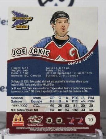 JOE SAKIC # 10 PACIFIC McDONALD'S 2000-01 COLORADO AVALANCHE NHL HOCKEY TRADING CARD