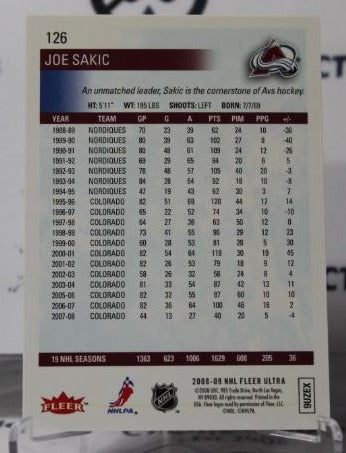 JOE SAKIC # 126 FLEER ULTRA 2008-09 COLORADO AVALANCHE NHL HOCKEY TRADING CARD