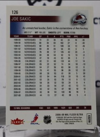 2008-09 FLEER ULTRA JOE SAKIC # 126 COLORADO AVALANCHE NHL HOCKEY TRADING CARD