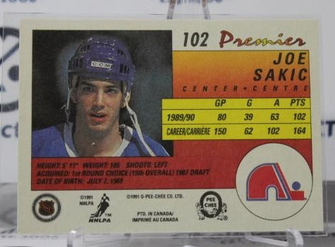 JOE SAKIC # 102 O-PEE CHEE PREMIER 1990-91 QUEBEC NORDIQUES NHL HOCKEY TRADING CARD