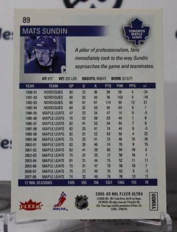 MATS SUNDIN # 89 FLEER ULTRA 2008-09 TORONTO MAPLE LEAFS NHL HOCKEY TRADING CARD