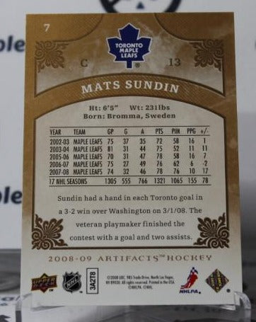 MATS SUNDIN # 7 UPPER DECK ARTIFACTS 2008-09 TORONTO MAPLE LEAFS NHL HOCKEY TRADING CARD