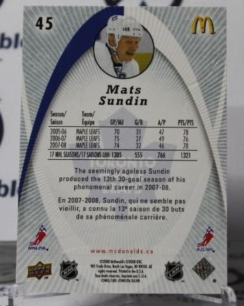 MATS SUNDIN # 45 UPPER DECK McDONALD'S 2008-09 TORONTO MAPLE LEAFS NHL HOCKEY TRADING CARD