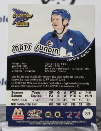 MATS SUNDIN # 33 PACIFIC McDONALD'S 2000-01 TORONTO MAPLE LEAFS NHL HOCKEY TRADING CARD