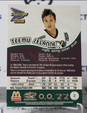 TEEMU SELANNE # 2 PACIFIC McDONALD'S 2000-01 ANAHEIM DUCKS NHL HOCKEY TRADING CARD