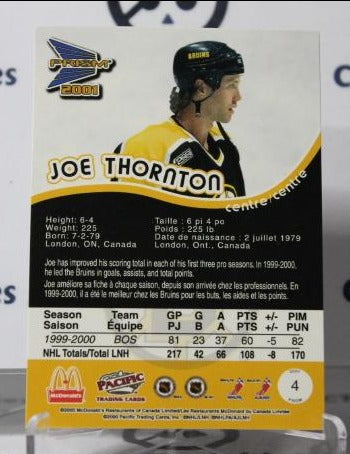 JOE THORNTON # 4 PACIFIC McDONALD'S 2000-01 BOSTON BRUINS NHL HOCKEY TRADING CARD