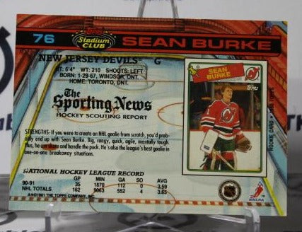 SEAN BURKE # 76 TOPPS STADIUM CLUB 1991-92 HOCKEY GOALTENDER NEW JERSEY DEVILS NHL CARD