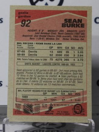 SEAN BURKE # 92 O-PEE CHEE 1989-90 HOCKEY GOALTENDER NEW JERSEY DEVILS NHL CARD