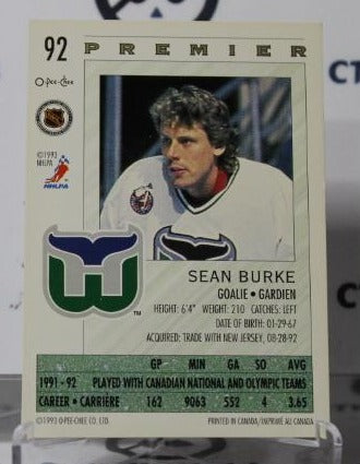 SEAN BURKE # 92 O-PEE CHEE 1992-93 HOCKEY GOALTENDER HARTFORD WHALERS NHL CARD