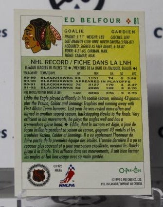 ED BELFOUR # 81 O-PEE CHEE 1992-93 HOCKEY GOALTENDER CHICAGO BLACKHAWKS CARD